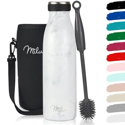 Imagen de Milu Botella térmica de acero inoxidable 350ml 500ml 750ml 1000ml 1,5L a prueba fugas, doble pared, apta para bebidas con gas, aislante, incluye cepillo limpieza (Mármol, 500ml)