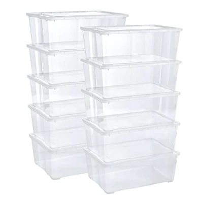 Imagen de Grizzly 10 x Caja de Almacenaje con Tapa L Cajón Plástico Transparente Apilable Multiusos Organizador Armarios para Ordenación Ropa
