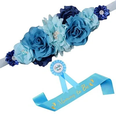 Imagen de Nishine cinturón de maternidad azul con diseño flores, embarazo para mamá, baby shower, niñas, dama honor, Azul, Large