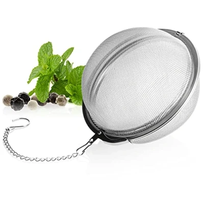 Imagen de COM FOUR® Colador de té acero inoxidable 304 Infusor grande para suelto, hierbas y especias Filtro malla fina con cadena (1 pieza 9 cm Ø)