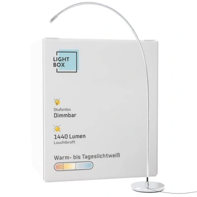Imagen de Lightbox LED Bogenstehlampe 1,7 m Höhe Stehleuchte mit Kopf Schalter, dimmbar (CCT) Lampe (1440lm, 18W) Standleuchte auch als Schlafzimmer, Büro und Flur aus Metall in Silberfarben