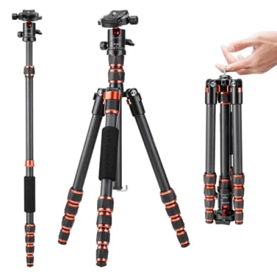 Imagen de K&amp;F Concept Trípode de Cámara, Carbono Viaje Ligero, Fotografía Compacto con Monopié, 360 Rótula Bola y Placa Liberación para Cámara DSLR C225C0+BH 25(BA225)