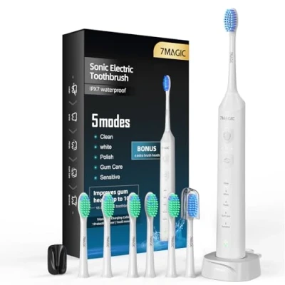 Imagen de Cepillo de Dientes Eléctrico, Cepillos Eléctricos Sónicos, Electrico 3 Intensidades, 5 Modos, 40000VPM, IPX7, Autonomía 90 Días y Temporizador, Caballero Blanco