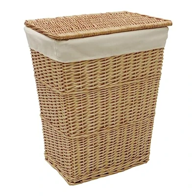 Imagen de JVL Cesta rectangular de mimbre acacia tejida a mano con tapa, acabado miel