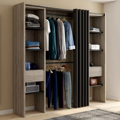 Imagen de IDMarket Vestidor extensible doble Meryl 120/180 x 50 180 cm haya con estantes de + armario cortina negra