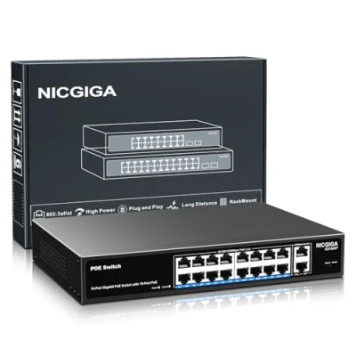 Imagen de conmutador PoE Gigabit de 16 puertos no administrado, PoE+ a 250W, 2 puerto enlace ascendente Gigabit, alimentación través Ethernet red 18 NICGIGA
