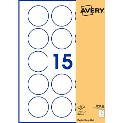 Imagen de AVERY Bolsa de 150 etiquetas autoadhesivas redondas, papel blanco, diámetro 51 mm, personalizables e imprimibles láser, inyección tinta y copiadora (PPW 51.Fr)