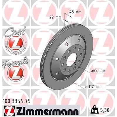 Imagen de ZIMMERMANN FORMULA Z COAT 100.3354.75 disco de freno 312 22 10/5 5 112 ventilado, dos piezas revestido aleado/alt. carburado
