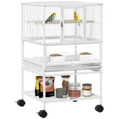 Imagen de Pawhut Jaula para Pájaros Grande con Ruedas Paneles Acrílicos Comederos Perchas Estante Bandejas Extraíbles Pajarera Loros Canarios 48x46x83 cm Blanco