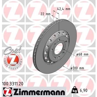 Imagen de ZIMMERMANN COAT Z 100.3311.20 Disco de freno 310 22 7/5 5 112 ventilación externa revestido altamente carbonizado AUDI: A8 D3, VOLKSWAGEN: Phaeton