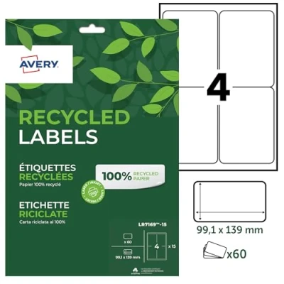 Imagen de AVERY Bolsa de 60 etiquetas 100% recicladas adhesivas. Personalizables e imprimibles. Tamaño 99,1 x 139 mm. Impresión láser y inyección tinta. (LR7169 15)