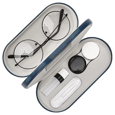 Imagen de MoKo Estuche de Gafas Doble Cara, 2 en 1 Caja Portátil Lente Contacto, Funda Anteojos PU Impermeable Ideal para Almacenar del Sol, Gafas, Lentes Azul