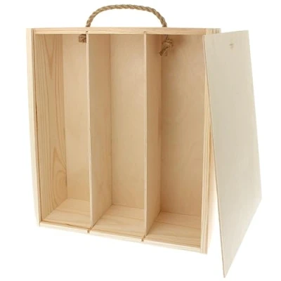 Imagen de Wooden World Elegante caja de vino madera con asa cuerda para tres 3 botellas