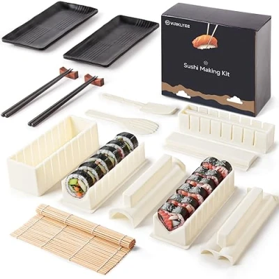 Imagen de Virklyee 17 Piezas Set de Sushi Kit Completo para Moldes hacer en casa Adecuado principiantes Utensilios con Formas Únicas y Divertidas Fácil limpiar (Blanco)