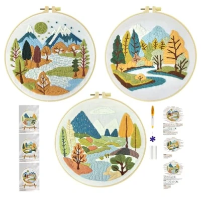 Imagen de Xinpinzhou 3pcs Kit Bordado Principiantes, Patrones para Bordar a Mano con Hilos y Tela Paisaje de Río, Embroidery Set Punto Cruz Niños Inicio Manualidades Adultos