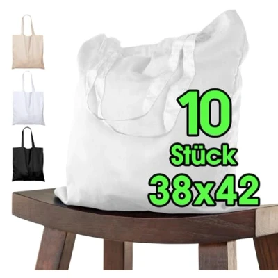 Imagen de bolsa de algodón para pintar 38x42 10 piezas blanco niños con asa CORTA sin imprimir certificado OEKO TEX® tela, transporte, compras 140g / m grosor