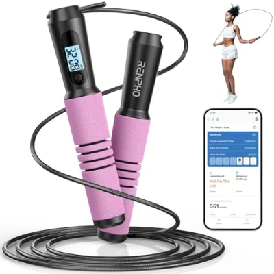 Imagen de RENPHO cuerda para Saltar, Fitness Skipping Rope con análisis de datos la aplicación, Workout Jump Ropes gimnasio en casa, ejercicio hombres, mujeres, niños, Rosa