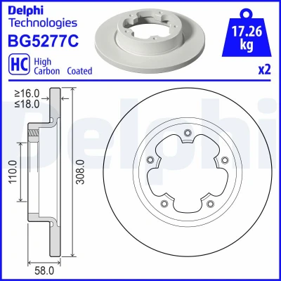 Imagen de DELPHI Disco de freno FORD: Transit Mk7 Furgoneta, Bus, Caja / Chasis 308mm 18mm 5 macizo BG5277C Discos freno,
