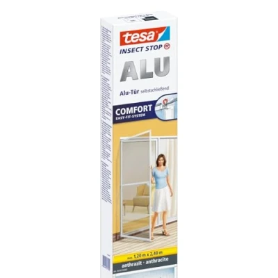 Imagen de tesa® Insect Stop ALU Comfort, Mosquitera XL para Puertas, Marco de Aluminio Ajustable, Montaje Sencillo con Tecnología Easy Fit, Sin Perforaciones, 120 cm x 240 cm, Gris Antracita