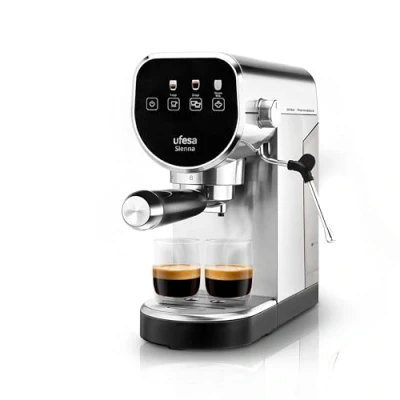 Imagen de Ufesa Sienna Cafetera Espresso y Capuccino, Presión 20 Bares, Panel Táctil Digital, 1360W, Vaporizador Orientable, 0.9L, 1 o 2 Cafés, Función Calienta Tazas, Sistema Thermoblock, Inox
