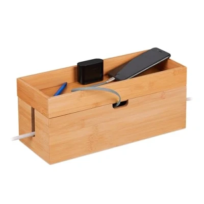 Imagen de Relaxdays Caja Organizadora de Cables para 2 Regletas, Bambú, con Balda, 14 x 34 cm, Escondecables Madera, Natural