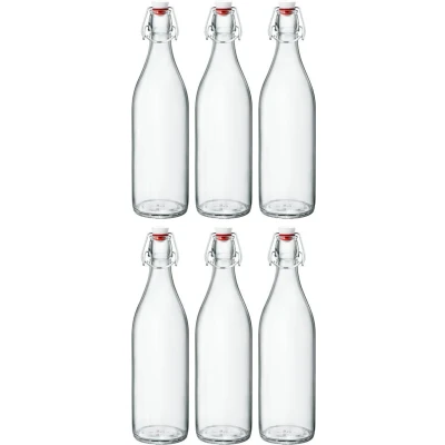 Imagen de Bormioli Giara Conjunto de 6 botellas cristal con cierre abatible y 1.000 ml capacidad, altura total xx, perfectas para rellenar aceite, personalizar licores o servir agua, zumos vinos
