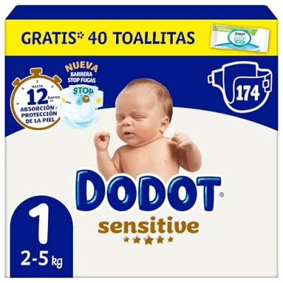 Imagen de Dodot Pañales Bebé Sensitive Talla 1 (2 5 kg), 174 + Pack de 40 Toallitas Gratis Aqua Plastic Free, Nº1 en Protección la Piel Dodot, Mensual