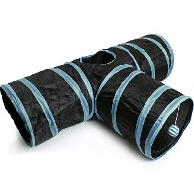 Imagen de igadgitz home U6979 Túnel para Gatos Plegable con Tres vías Conejo Juego Interactivo Pelota Colgante Hogar/Exterior Negro/Ribete Azul