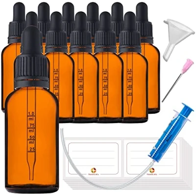 Imagen de HandsUnity 30ml 12 piezas Frasco de Pipeta Vidrio Juego Boticario Hecho Ámbar con tapa Negra que Incluye 29 Accesorios Botellas Marrón