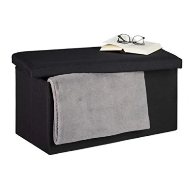 Imagen de Relaxdays Banco Almacenaje, Baúl Almacenamiento, Efecto Lino, Asiento Acolchado, Corredor, 38 x 76,5 38,5 cm, Negro, Gomaespuma, 38x76,5x38,5 cm