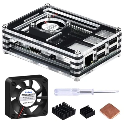 Imagen de GeeekPi Funda acrílica para Raspberry Pi 3 Modelo B, 3B+ con ventilador, 9 capas B+, 3/2 B (negro y transparente)