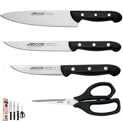 Imagen de Arcos Serie Maitre Juego Cuchillo de cocina 4 piezas, (3 cuchillos + 1 tijeras) Hoja Acero Inoxidable NITRUM 80 mm, Mango Polipropileno Negro