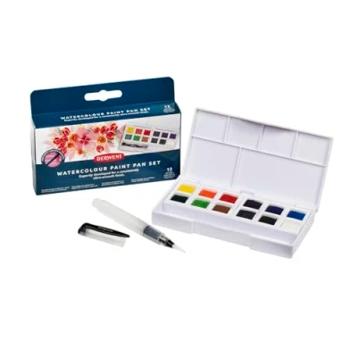 Imagen de Derwent 2306259 Paleta de Acuarelas Color, 12 Unidades, Tamaño Mediano, Solubles en Agua, Ideales para Pintar, Calidad Profesional, Viaje