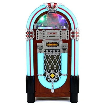 Imagen de Máquina de Discos Retro Tocadiscos Años 1950 Jukebox Estilo Vintage Pantalla LCD Luces CD, USB, Memory Card SD/MMC, Radio Am FM, MP3, Bluetooth, AUX, Entretenimiento para Bares Pubs con Mando Gratis