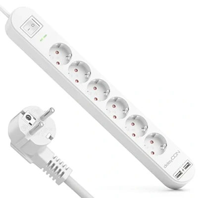 Imagen de deleyCON Listón de 6X Tomas Corriente 5m con USB Contacto 2X Carga A para Móviles y Tabletas Protección contra Sobretensión Interruptor ON/Off Blanco