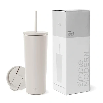 Imagen de Simple Modern Vaso Térmico con Pajita y Tapa, de Café Botella Agua Reutilizable Acero Inoxidable Taza para Viajes, Beige (Almond Birch), 710ml