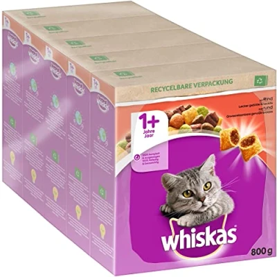 Imagen de Whiskas Adult 1+ Alimento seco de Vacuno, 5 x 800 g (5 Paquetes), Comida Seca para Gatos Adultos, Diferentes envases Productos Disponibles