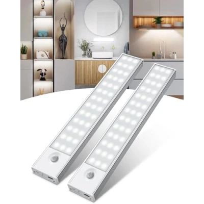 Imagen de 39 LEDs Luz LED Armario con Sensor Movimiento, 6500K Luces Cocina Debajo Mueble, 4 Modos de Movimiento Interior USB Recargable, Nocturna para Gabinete, Armario, Escalera, Pasillo
