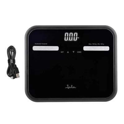 Imagen de Jata 538 Báscula de Baño Digital Grasa Corporal, Pantalla LCD, Alta precisión, Carga USB, Capacidad 180 kg, Plataforma Vidrio, Apagado Automático, Negro