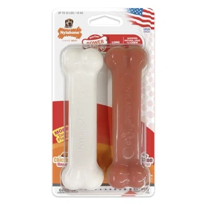 Imagen de Nylabone Juguete masticable en Forma de Hueso para la higiene Dental Perros con mordida agresiva, Textura, sabores a beicon y Pollo, Adultos hasta 16 Kilos 380 g