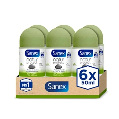 Imagen de Sanex Natur Protect Desodorante Roll On, Protección 24H contra el Mal Olor, con Piedra de Alumbre, 0% Alcohol, Sin Alérgenos ni Colorantes, Piel Normal, Pack 6 Uds x 50ml