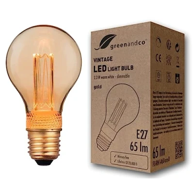 Imagen de greenandco Bombilla LED regulable decorativa estilo vintage E27 A60 2,3W 65lm 1800K 320 230V, dorado, sin parpadeo