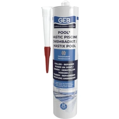 Imagen de GEB Masilla impermeable especial para piscina (290 ml, transparente pegar, juntar y reparar elementos de piscina, azulejos, mosaico, margelle, proyector, desagüe
