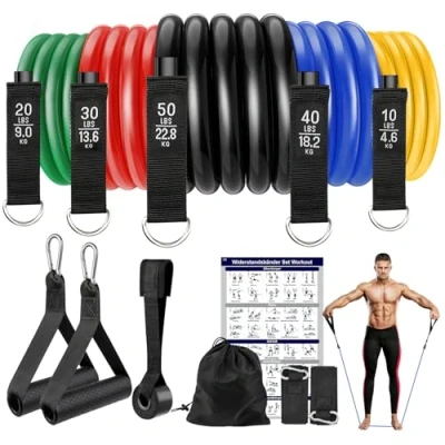 Imagen de Fokky bandas de fitness, juego 5 resistencia, niveles resistencia con anclaje para puerta, asas, correas tobillo, ideal yoga, pilates, desarrollo muscular, gimnasia