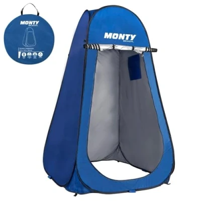 Imagen de Tienda Cambiador Playa, Camping Ducha 1 Adulto, 120x190 cm, Montaje Pop Up, Bolsillo y Puerta con Cremallera Doble, Tejido Oxford Azul, protección UPF+50 Waterproof, Incluye 4 piquetas