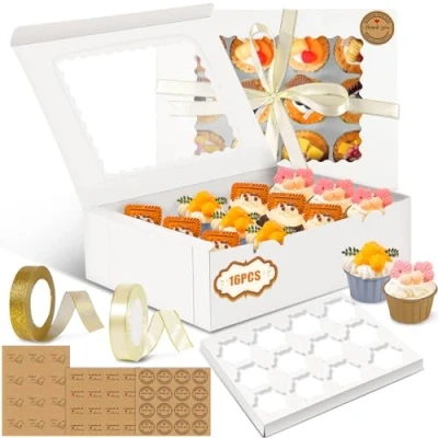 Imagen de POWZOO cajas para Cupcakes,16 de 12 agujeros magdalenas,Cajas Magdalenas Ventana Transparente con Pegatinas y cinta.para Decoración Tartas Transporte Cupcakes.