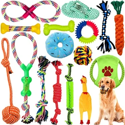 Imagen de Amzeeniu Juguetes para Perros,16piezas Juguete Morder Perro,Durable Masticable Cuerda,Cuerda Interactivo de algodón con Nudo Masticar Mantener a Perro Sano