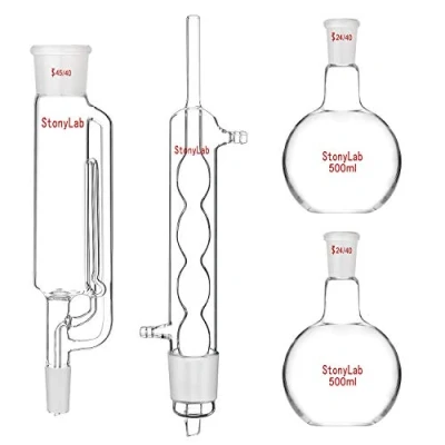 Imagen de stonylab Aparato de Extracción Tipo Soxhlet 500ml, Vidrio Borosilicato, Extractor 45/40 con Condensador Allihn y 2 Frascos Fondo Plano 500ml Junta 24/40, Unidad Completa