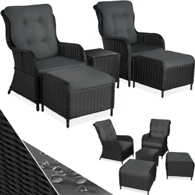 Imagen de TecTake® Conjunto Jardín Exterior de Ratán y Aluminio, Muebles Resistentes a la Intemperie, 2 Sillones, Reposapiés con Cojines + Mesa Cristal, Fundas Extraíbles Negro/Gris