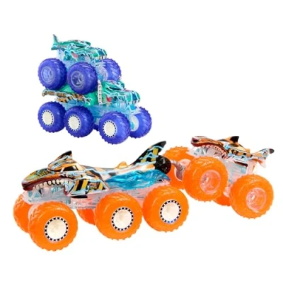 Imagen de Hot Wheels Monster Trucks Power Smashers Mega Wrex y Tiger Shark, Pack 2 Coches de Juguete a Escala 1:64 con Big Rigs, Regalo para niños niñas +3 años, HYJ29